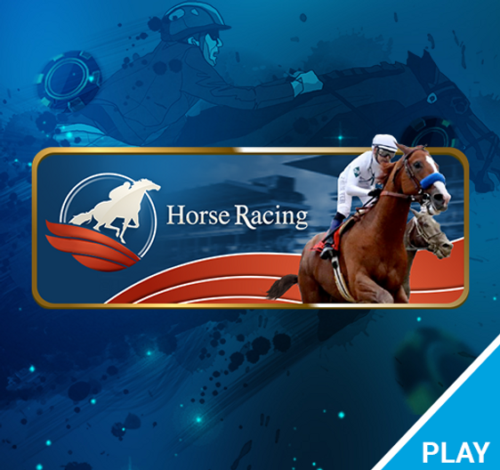A digital banner for an online casino app featuring a jockey on a galloping horse, set against a stylized blue background with abstract graphics and a 